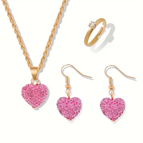 NIP! Set! Sparkling Pink Heart Earring & Necklace! Sparkling Pink Rhinestones! - Picture 3 of 14